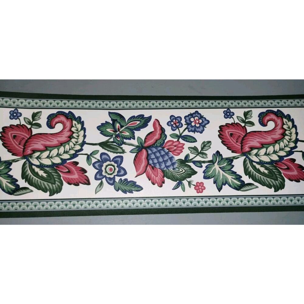 6.75" Fashon Wall Border - Floral Leaves - Green Maroon Blue - 15 FT